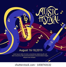 Vector banner for music festival. Hand lettering. Jazz concert invitation, greeting card, party  layout template. Performance advertising brochure. Saxophone, violin, trumpet flat style. 