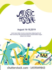 Vector banner for music festival. Hand lettering. Jazz concert invitation, greeting card, party  layout template. Performance advertising brochure. Saxophone, guitar, drum flat style illustration. 