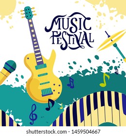 Vector banner for music festival. Hand lettering. Concert invitation, greeting card, party  layout template. Performance advertising brochure. Guitar, microphone, piano flat style illustration. 