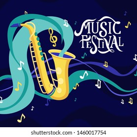 Vector banner for music festival. Hand lettering. Jazz concert invitation, greeting card, party  layout template. Performance advertising brochure. Saxophone in flat style illustration. 