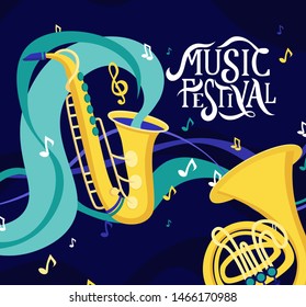 Vector banner for music festival. Hand lettering. Jazz concert invitation, greeting card, party  layout template. Performance advertising brochure. Saxophone, French horn in flat style illustration. 