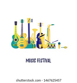 Vector banner for music festival. Hand lettering. Jazz concert invitation, greeting card, party  layout template. Performance advertising brochure. Saxophone, guitar, drum flat style illustration. 