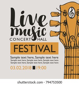 Vector banner for a music festival with the inscription Live music, neck of the guitar and place for text in retro style