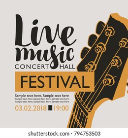 Vector banner for a music festival with the inscription Live music, neck of the guitar and place for text in retro style