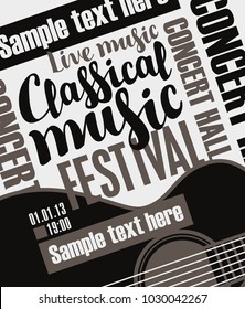 Vector banner for a music festival with the inscriptions Live music Classical music, guitar and place for text