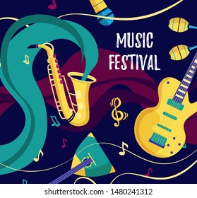 Vector banner for music festival. Jazz concert invitation, greeting card, party  layout template. Performance advertising brochure. Saxophone, guitar, balalaika.