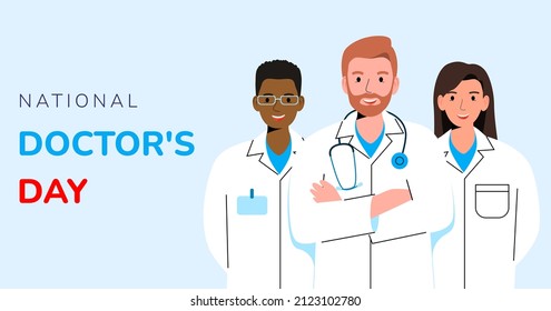 Vector banner of National Doctors Day. International holiday, congratulations. Characters of different nationalities.Postcard in flat design. Happy Doctor's Day. - Vector