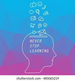 Vector banner - never stop learning. Banner for online courses, educational training, Hackathon. Head of human with icons of programs to working. Banner for learning courses. Vector head for banner