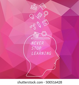 Vector banner - never stop learning. Banner for online courses, educational training, Hackathon. Head of human with icons of programs to working. Banner for learning courses. Vector head for banner