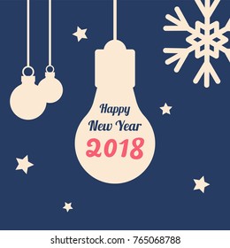 Vector banner new year 2018, flat illustration with text, concept with a light bulb and text, snowflake and asterisks, Christmas tree decorations, holiday attributes, blue, white, pink, red