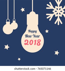 Vector banner new year 2018, flat illustration with text, concept with a light bulb and text, snowflake and asterisks, Christmas tree decorations, holiday attributes, blue, white, pink, red