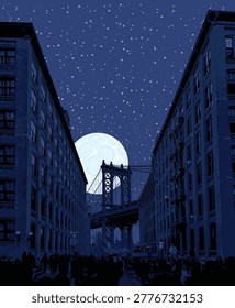 Vector banner with New York City night, Manhattan Bridge, cityscape, buildings, moon and starry sky. Image of the USA. T-shirt design, signboard, tourist brochure, or travel postcard.