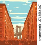 Vector banner with New York, Manhattan Bridge, cityscape and buildings. USA illustration in grunge style. T-shirt design, tourist signboard, tourist postcard. Not AI.