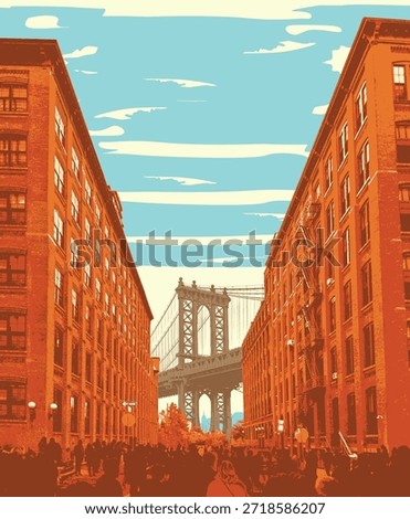 Vector banner with New York, Manhattan Bridge, cityscape and buildings. USA illustration in grunge style. T-shirt design, tourist signboard, tourist postcard. Not AI.