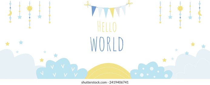 С usar banner vectorial para recién nacidos con nubes y estrellas en colores amarillo y azul 