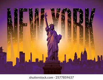 vector banner with night cityscape with american statue of liberty on background of starry sky, architecture and inscription new york