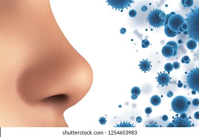 vector banner. nose and particles, bacteria, viruses. protection against allergies and diseases