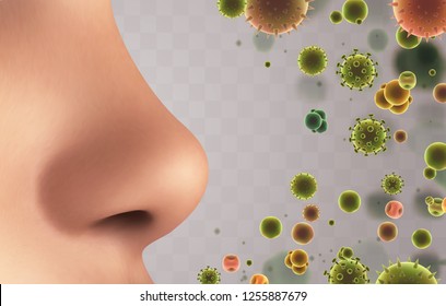 vector banner. nose and particles, bacteria, viruses. protection against allergies and diseases