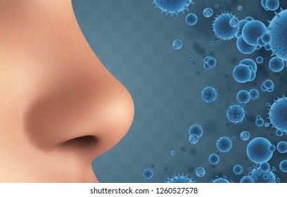 vector banner. nose and particles, bacteria, viruses. protection against allergies and diseases