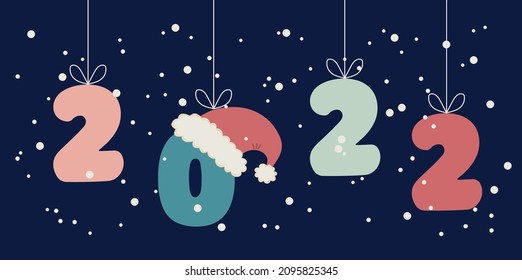 Vector banner with numbers 2022 and Santa hat. Scandinavian design for cards, invitations, congratulations, web.