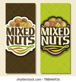 Vector banner for Nuts, cut sign with pile of walnut, australian macadamia, sweet almond, forest hazelnut, cracked pistachio, peanut in nutshell, veg mix label with text mixed nuts for vegan store