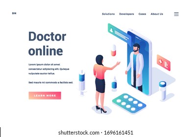 Vector banner offering to learn more about doctor online with woman communicating with doctor in mobile phone. Isometric web banner, landing page template