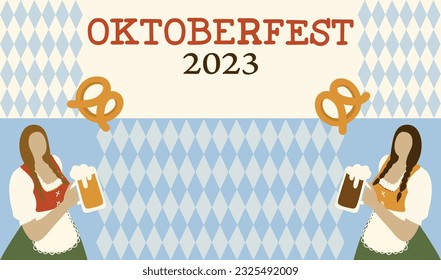 Pancarta vectorial para el Oktoberfest 2023 con chicas usando ropa tradicional bávara con cerveza fresca, pretzel sobre fondo azul. Afiche del Festival de la Cerveza Alemana de Otoño. Diseño plano moderno con espacio para copiar