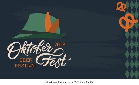 Cartel vector del Oktoberfest 2023 con  
  pretzel y sombrero. Afiche del Festival de la Cerveza Alemana de Otoño. Diseño plano moderno con letras y espacio de copia