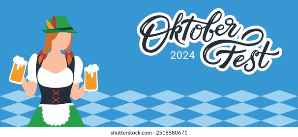 Vector Banner for Oktoberfest 2024 with Bavarian girl with beer on blue background. Autumn German Beer Festival poster. Modern Flat design with lettering and copy space