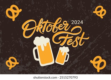 Vector Banner for Oktoberfest 2024 with lettering, pretzel, beer and copy space. Modern Flat design on brown background