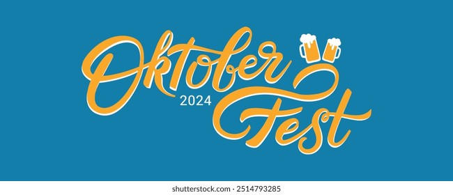 Vector Banner for Oktoberfest 2024 on blue background. Autumn German Beer Festival poster. Modern Flat design with lettering, beer and copy space