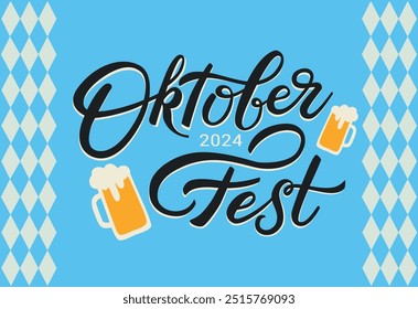 Vector Banner for Oktoberfest 2024 on blue background. Autumn German Beer Festival poster. Modern Flat design with lettering, pretzel, mugs and copy space