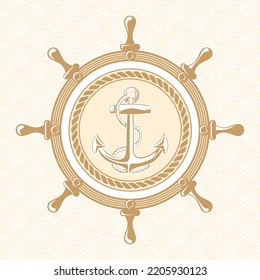 Banner vectorial con el volante y ancla antiguos. Ilustración sobre el tema de viajes y descubrimiento. Fondo de las olas beige