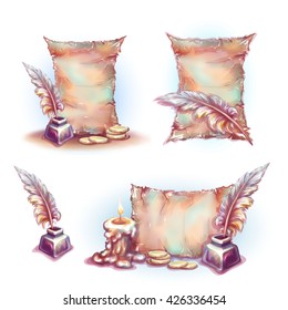 Vector banner with old paper, money and feather .