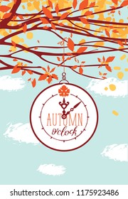 Vector banner on autumn theme. Colorful landscape with clock and autumn tree branches in the park or forest on a background of blue sky with clouds