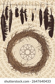 Banner vetorial sobre magia negra e tema de feitiçaria com penas de corvo, pentagrama, círculo, ninho e sinais ocultos. Design de camiseta, capa de música, cartaz, folheto. Nenhuma IA usada