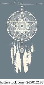 Banner vetorial sobre magia negra e tema de feitiçaria com penas de corvo, pentagrama, dreamcatcher, círculo e sinais ocultos. Design de camiseta, capa de música, cartaz, folheto. Nenhuma IA usada