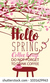 Vector banner on the coffee theme with bright spring landscape in retro style with inscriptions, with pink Cup of hot coffee on the table and green blooming tree with pink flowers