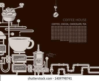 Vector banner on coffee theme with a cup of freshly brewed drink, plant with conveyor coffee production, inscription Coffee House and place for text in retro style. Decorative coffee maker