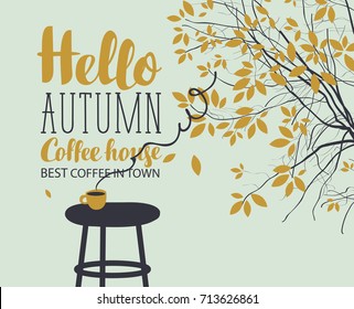 Vector banner on the coffee theme with autumn landscape in retro style with the inscriptions, with a cup of hot coffee on the table and autumn tree