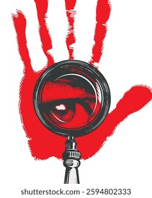 vector banner on detective and crime investigation theme with magnifying glass and human eye with bloody hand