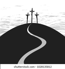 Vector banner on Easter or good Friday with the image of mount Calvary and three crosses with crucified people