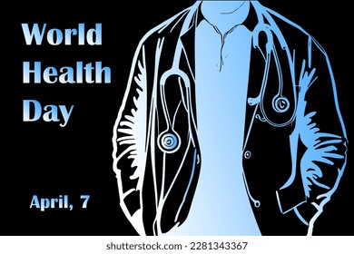 Vector banner on a medical theme for the World Health Day holiday. Pencil sketch style illustration, silhouette of a doctor in traditional clothes on a black background
