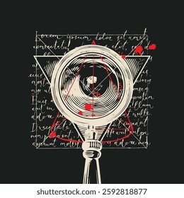 vector banner on occult and masonic theme with magnifying glass, human eye in inverted triangle on background of handwritten text Lorem Ipsum with blood stains