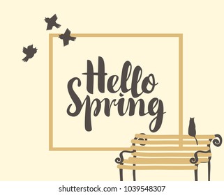 Vector banner on spring theme with birds and bench with a cat and handwritten inscription Hello Spring