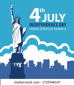 Vector banner on the theme of the 4th of July, USA Independence Day. Decorative illustration or greeting card with the statue of liberty against the backdrop of American skyscrapers