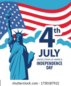 Vector banner on the theme of the 4th of July, USA Independence Day. Decorative illustration with the statue of liberty and American flag. Suitable for banner, greeting card, flyer, invitation