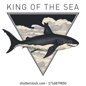 Vector banner on the theme of adventure, travel and discovery with the words King of the sea. Retro illustration with a hand drawn shark and a triangle with sea waves