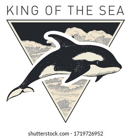 Vector banner on the theme of adventure, travel and discovery with the words King of the sea. Hand-drawn illustration with a big killer whale and a triangle with sea waves in retro style