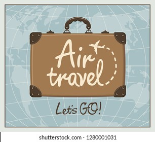 Vector banner on the theme of air travel with a travel suitcase, handwritten inscriptions and passenger plane against the backdrop of world map in retro style. Air transportation.